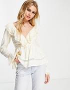 Asos Design Wrap Blouse With Ruffle And Lace Inserts In Ivory-white