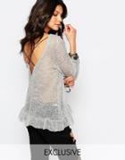 Milk It Vintage Oversized Sheer Sweater With Frill Hem & Open Back - Gray