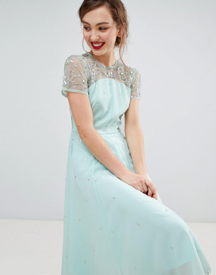 Frock & Frill Short Sleeve Skater Dress With Embellished Detail - Green