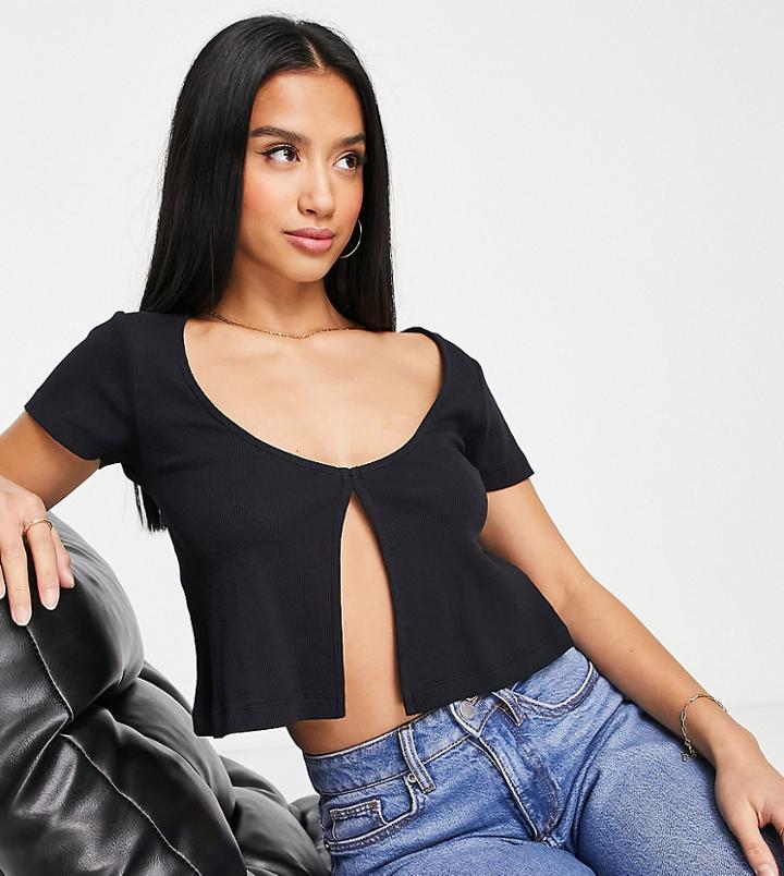 Asos Design Petite Top With Split Front In Rib In Black