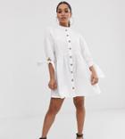 Asos Design Petite Grandad Collar Button Through Mini Smock Dress With Tie Sleeve-white