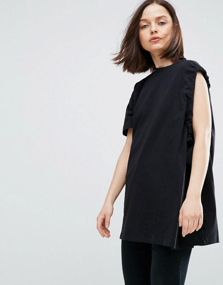 Asos White Asymmetric Sleeve T-shirt With Ruche Detail - Black