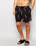 Asos Mid Length Swim Shorts With Neon Flamingo Print - Black