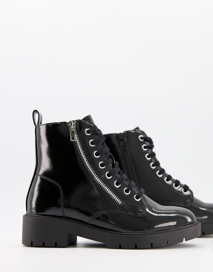 New Look Zip Detail Lace Up Patent Ankle Boot In Black