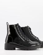 New Look Zip Detail Lace Up Patent Ankle Boot In Black