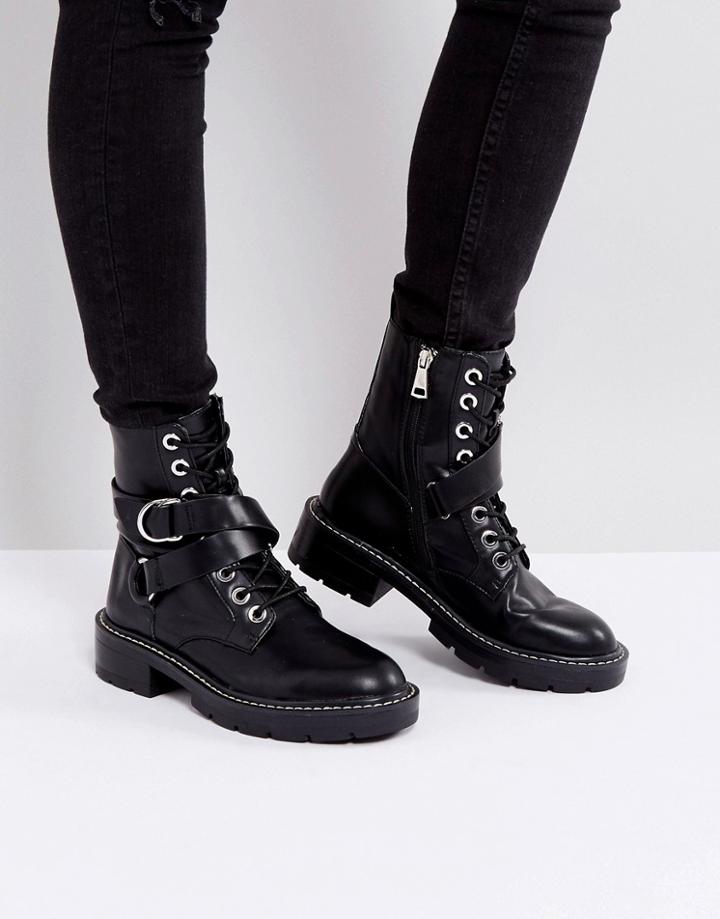 Pull & Bear Buckle And Ring Detail Work Boot - Black