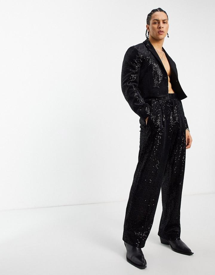 Asos Design Wide Suit Pants In Black Sequin