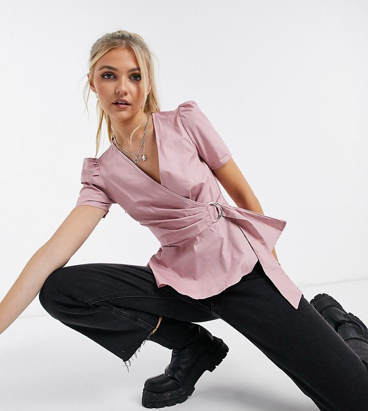 In The Style Exclusive Puff Sleeve Wrap Front Top With Belt Detail In Mauve-purple