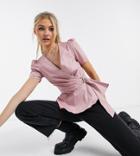In The Style Exclusive Puff Sleeve Wrap Front Top With Belt Detail In Mauve-purple