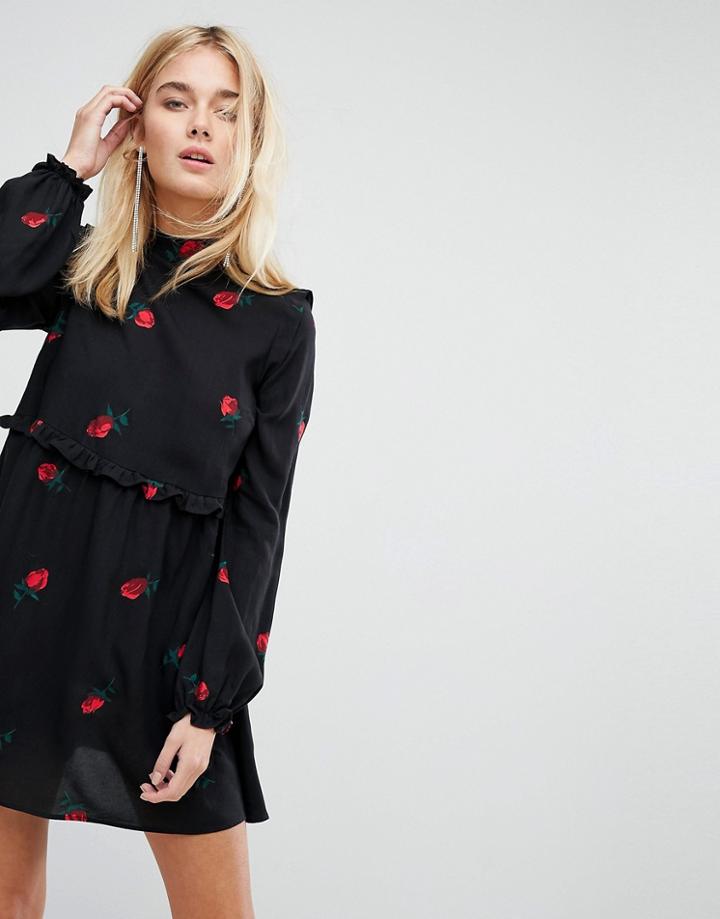 Motel High Neck Tea Dress In Vintage Rose Print - Black