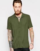 Asos Khaki Shirt In Viscose With Revere Collar In Regular Fit - Khaki