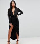 John Zack Petite Wrap Front Maxi Dress - Black