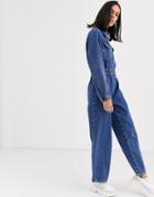 Asos Design Denim Jumpsuit With Utility Pocket & Zip In Midwash Blue