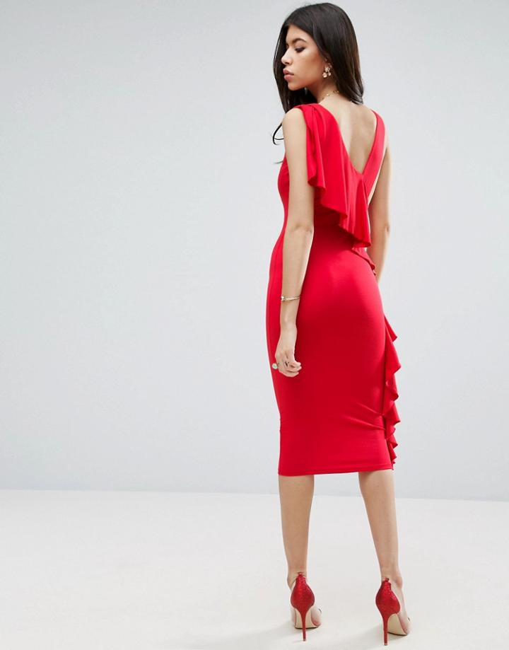 Asos Ruffle Back Plunge Midi Dress - Red