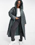 Asos Design Onion Quilted Hooded Wrap Maxi Coat In Dark Khaki-green