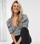 Reclaimed Vintage Inspired Tie Front Top With Puff Sleeve In Check-multi