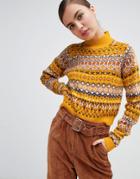 Monki High Neck Cropped Fairisle Sweater In Yellow - Yellow