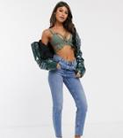 Asos Design Farleigh High Waisted Slim Mom Jeans In Pretty Bright Mid Wash With Raw Hem-blue