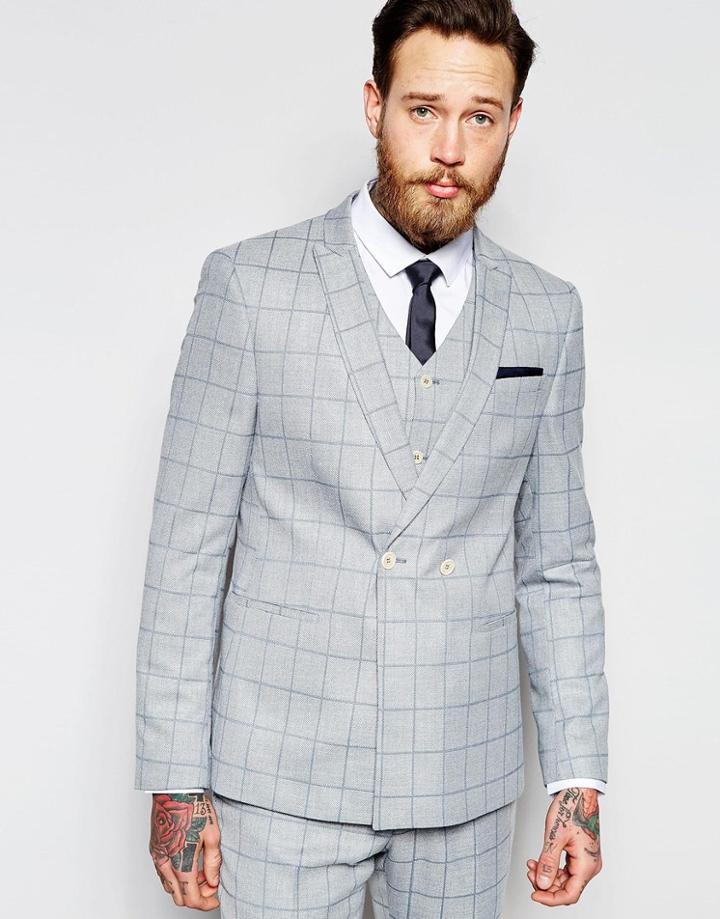 Asos Skinny Double Breasted Suit Jacket In Light Blue Check - Blue