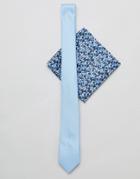 Asos Design Slim Tie In Pale Blue With Floral Pocket Square - Blue