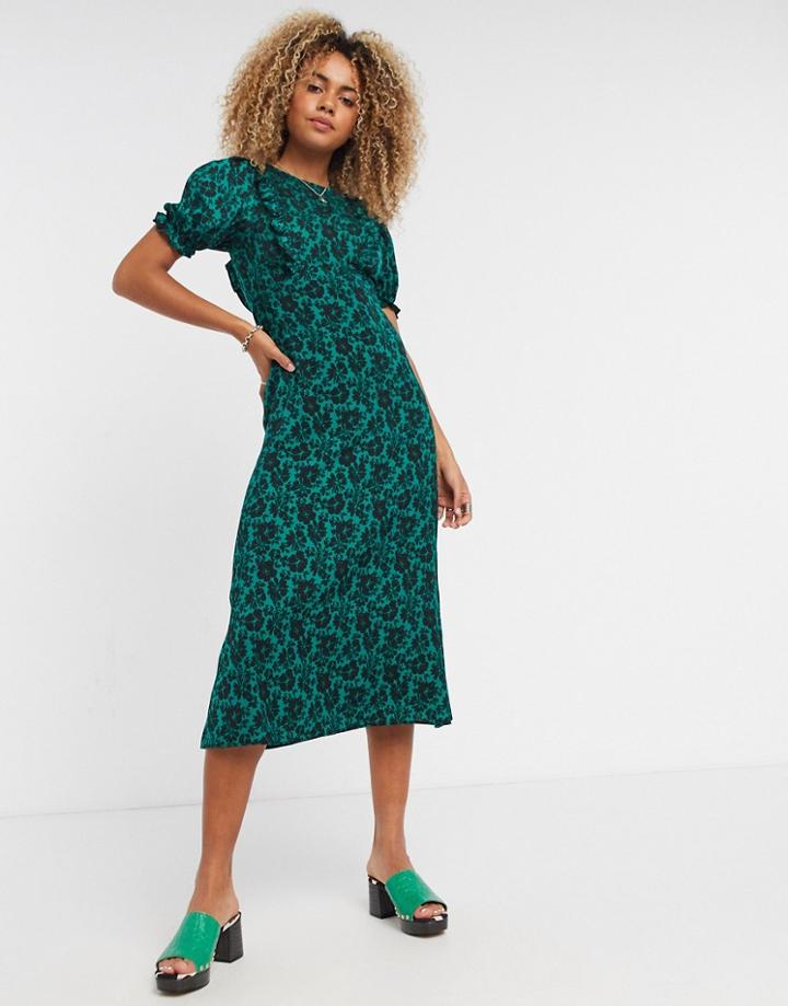 Topshop Floral Print Midi Tea Dress In Green