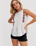 Asos Design Smock Top With Floral Embroidery - White