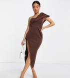 Asos Design Petite One Shoulder Seamed Bust Midi Dress With High Leg Slit In Chocolate-multi