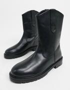 Asos Design Andy Leather Pull On Trucker Boots In Black