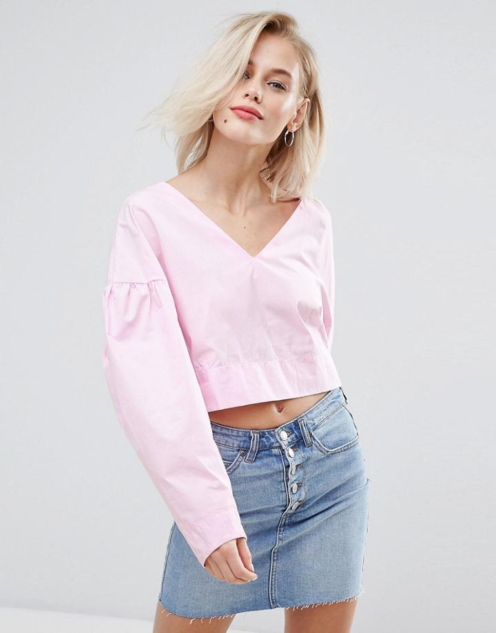 Pull & Bear Balloon Sleeve Crop Top - Pink