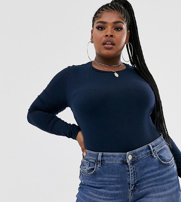 Asos Design Curve Organic Cotton Crew Neck Long Sleeve T-shirt In Navy - Navy