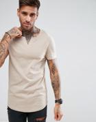 Asos Longline Muscle Fit T-shirt With Notch Neck And Curved Hem - Beige