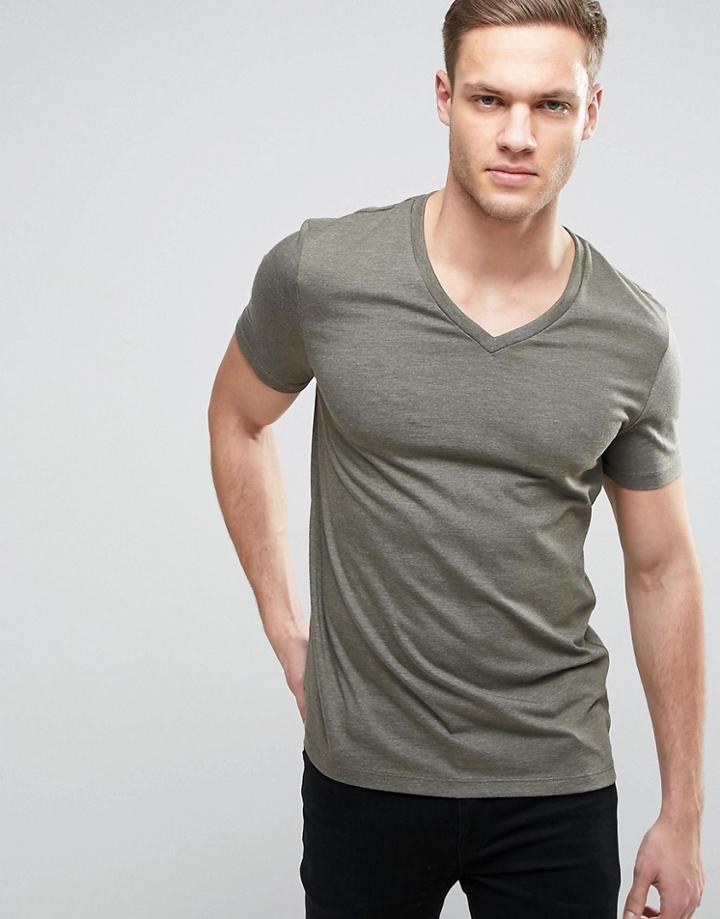 Asos T-shirt With V Neck In Green - Green