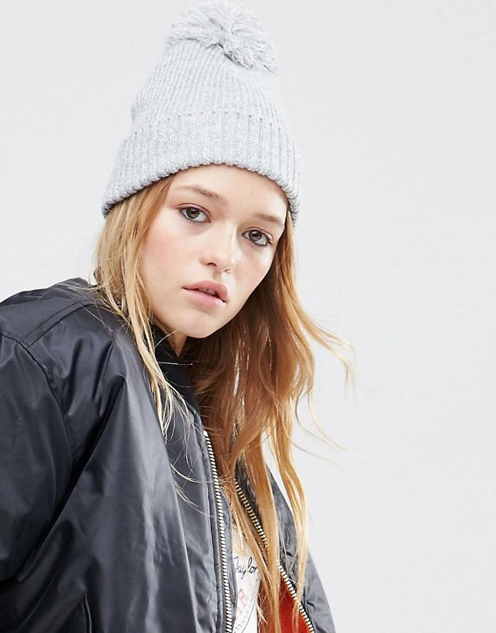 Asos Short Turn Up Pom Beanie With Rib Turn Up - Gray