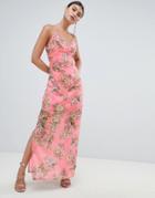 Missguided Chiffon Floral Side Split Maxi Dress - Pink