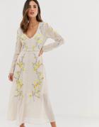 Hope & Ivy Button Through Floral Embellished Midaxi Dress In Cream - Pink