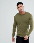 Asos Muscle Fit Sweater In Khaki - Green