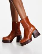 Asos Design Rowan Premium Leather Platform Heeled Boots In Tan-brown