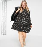 Asos Design Curve Long Sleeve Smock Mini Dress In Black Polka Dot Floral Print-multi