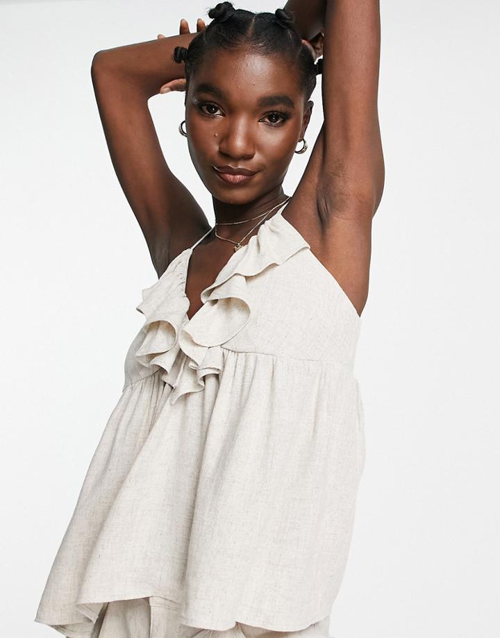 Asos Design Ruffle Front Cami In Natural Linen-neutral