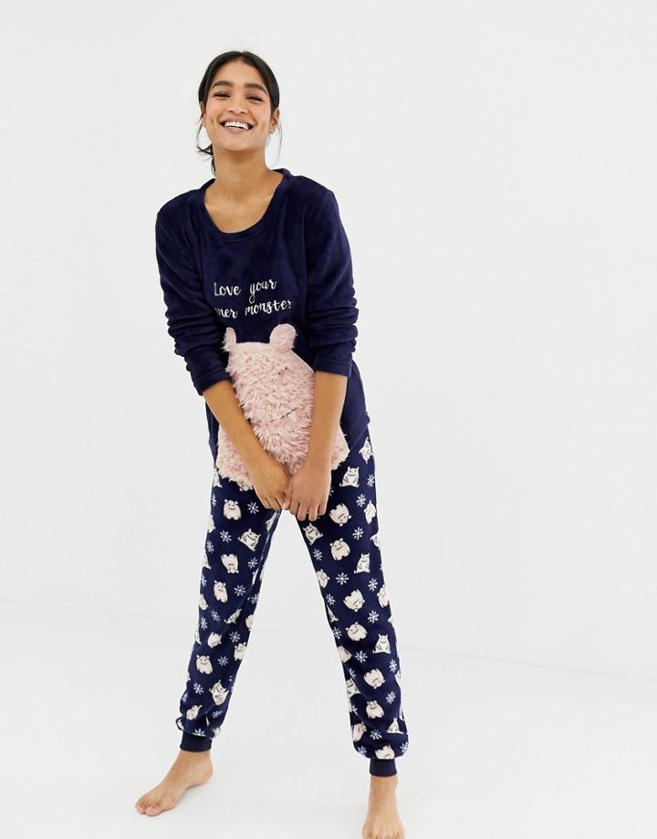 Hunkemoller Fleece Monster Pyjama Pants In Navy - Navy