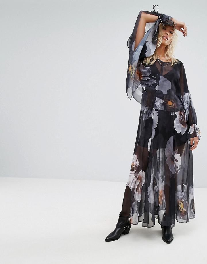 Religion Layered Maxi Dress With Tie Sleeves In Dark Floral - Multi