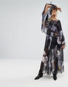 Religion Layered Maxi Dress With Tie Sleeves In Dark Floral - Multi