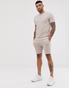 Asos Design Tracksuit Short Sleeve Sweatshirt/skinny Shorts In Beige Ribbed Fabric - Beige
