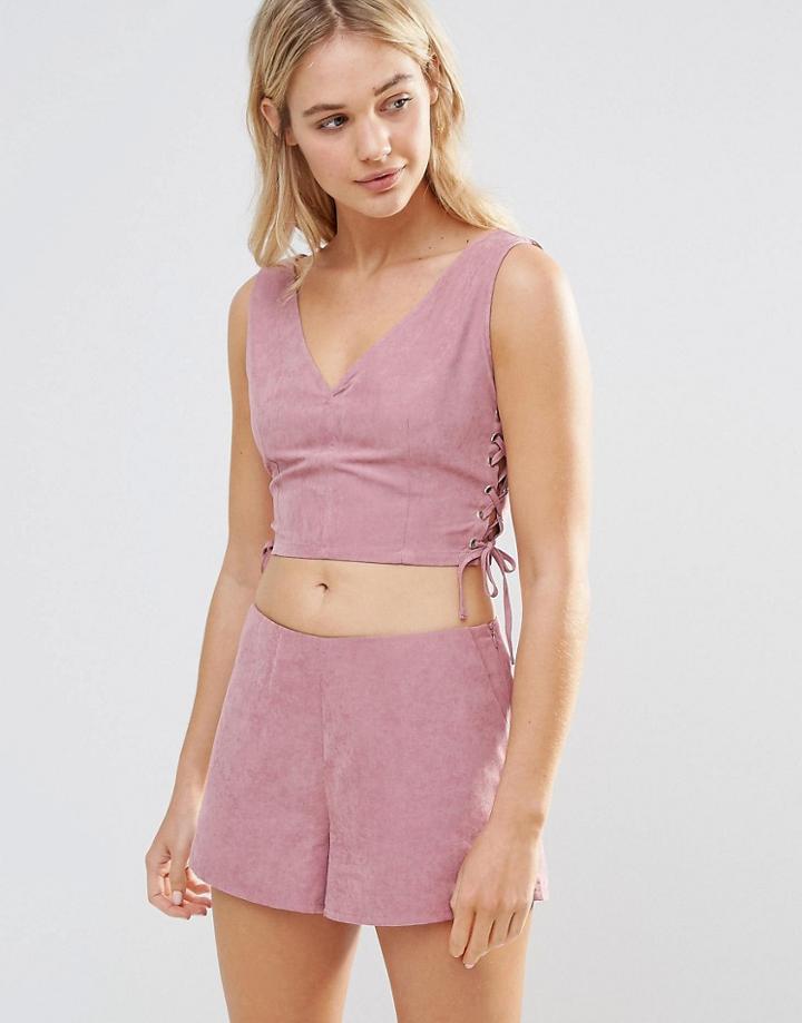 Neon Rose Pink Faux Suede Lace Up Crop Top - Pink