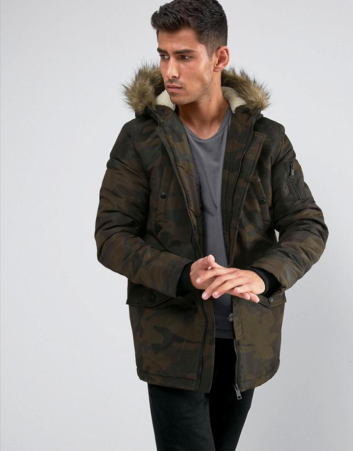 Brave Soul Parka Jacket With Camo Faux Fur Trim Hood - Green