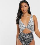 Asos Design Recycled Petite Twist Front Cut Out Swimsuit In Mixed Mono Polka Dot-multi