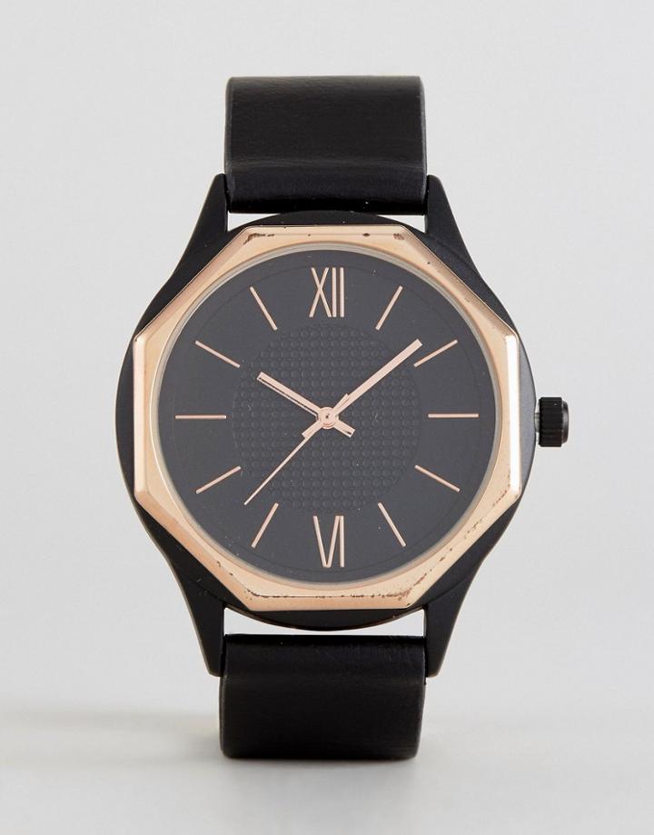 Asos Watch With Black Strap And Hexagon Mixed Metal Case - Black