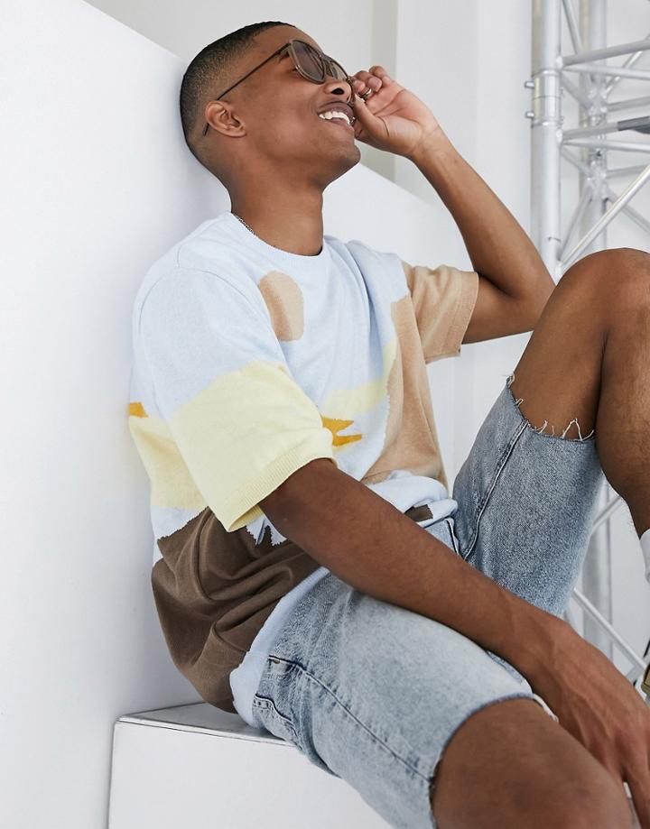 Asos Design Knit T-shirt With Abstract Landscape Pattern-multi