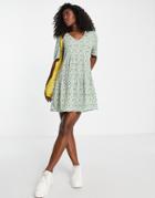 Jdy V Neck Mini Smock Dress In Green Ditsy Floral