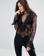 Asos Top In Lace With Ruffle Front And Long Sleeve - Black